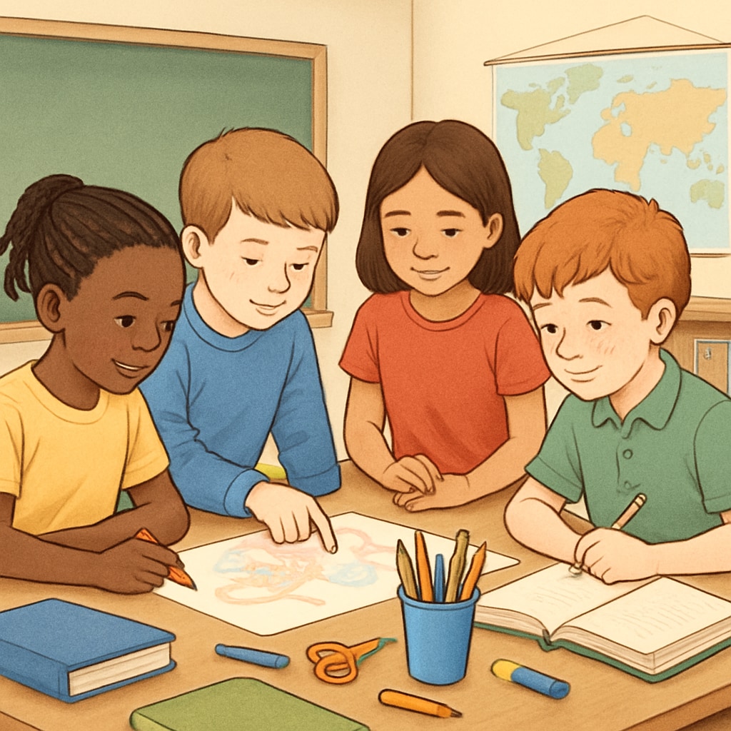 A diverse group of elementary school children working on a creative project together in a classroom. Diverse group of children collaborating on a project in an elementary school classroom.