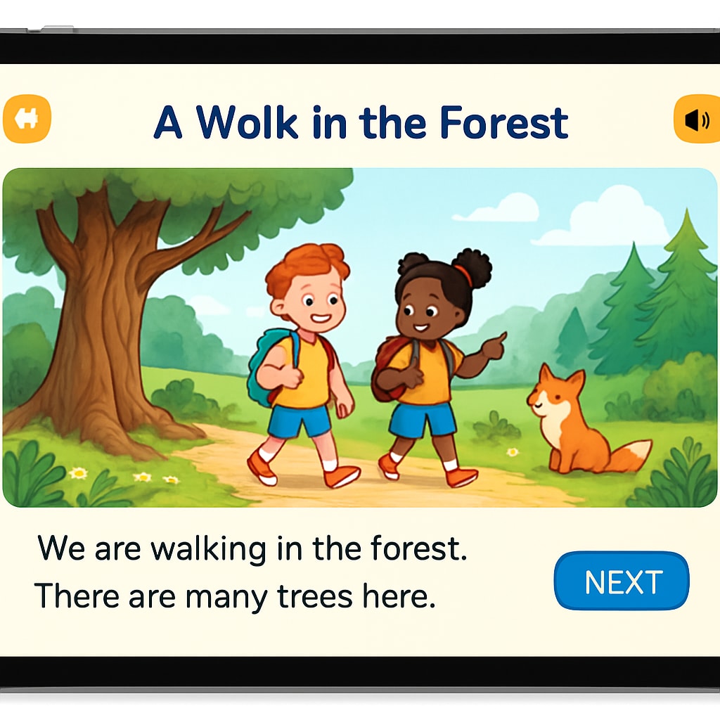 Children's reading app on a digital tablet showcasing interactive features.