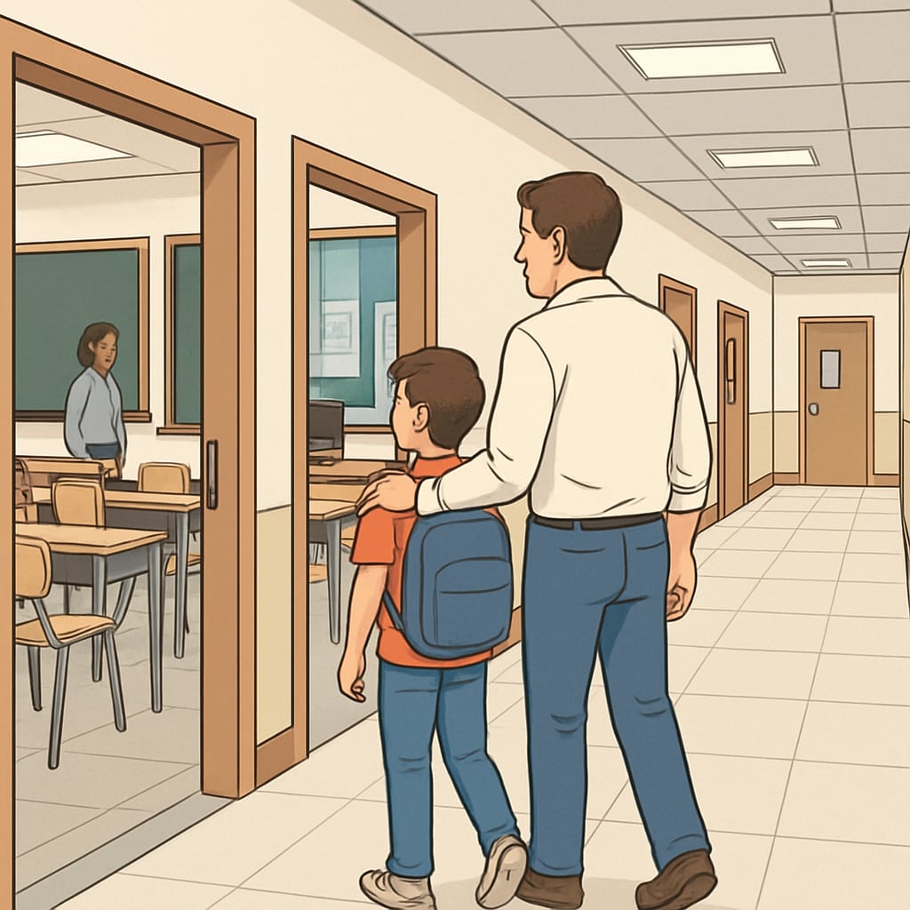 A parent and child walking through a school corridor, observing classrooms and facilities. Parent and child touring a public elementary school and observing facilities.