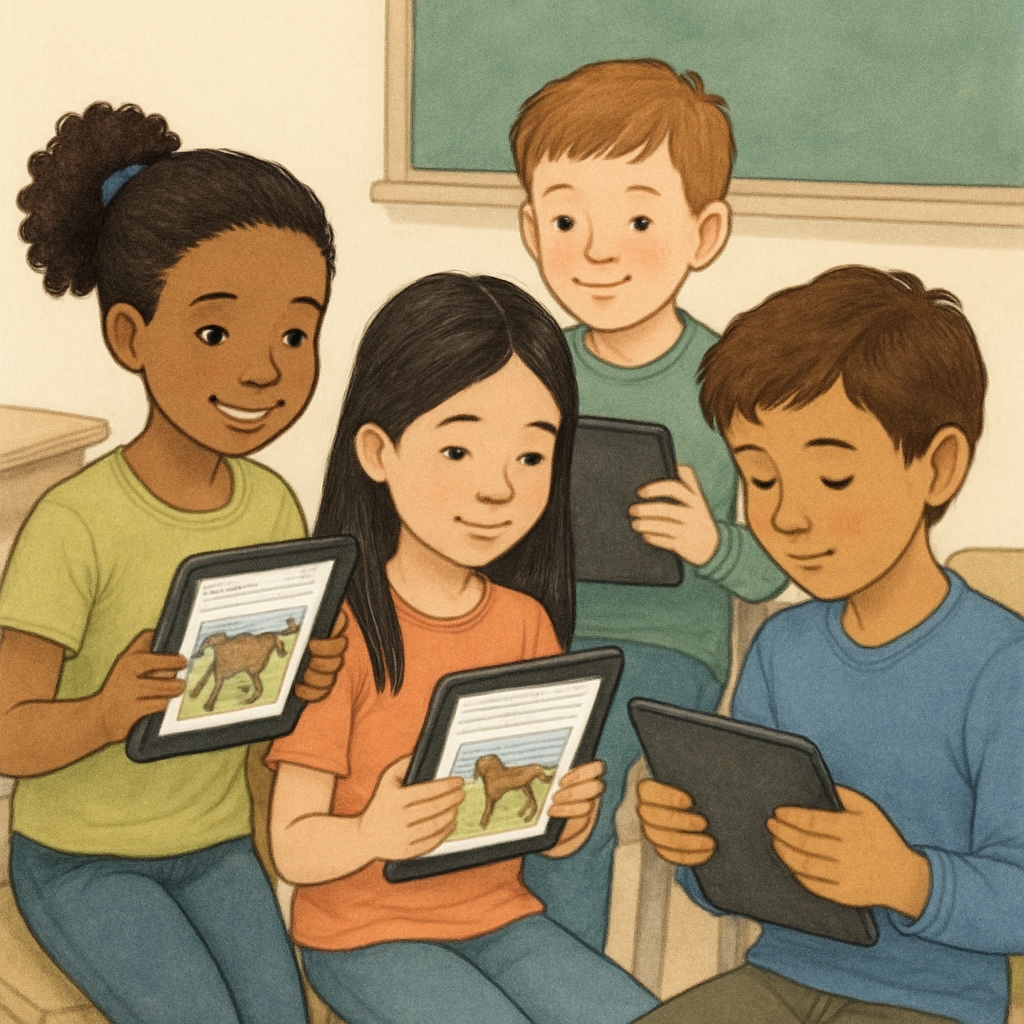 Children using a digital reading app in a classroom environment.