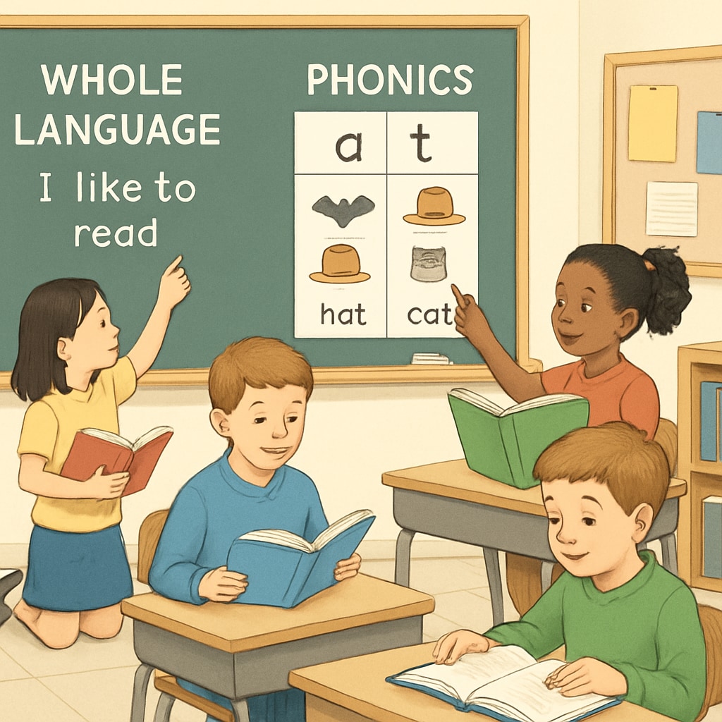 Students reading in a classroom, showcasing Whole Language vs. Phonics methods.
