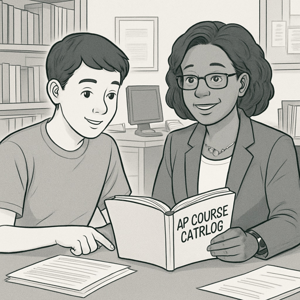 High school student reviewing AP course catalog with a counselor.