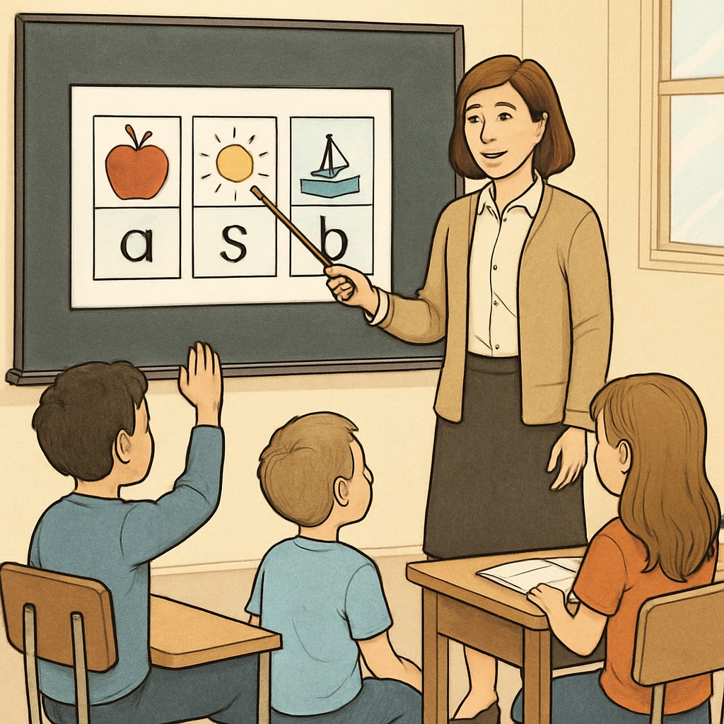 Teacher teaching phonics to students, emphasizing decoding skills.