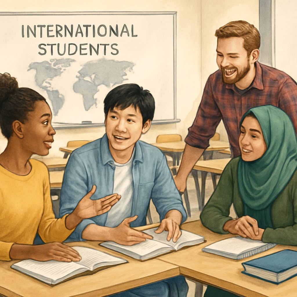 International students discussing in a U.S. classroom, representing academic diversity.