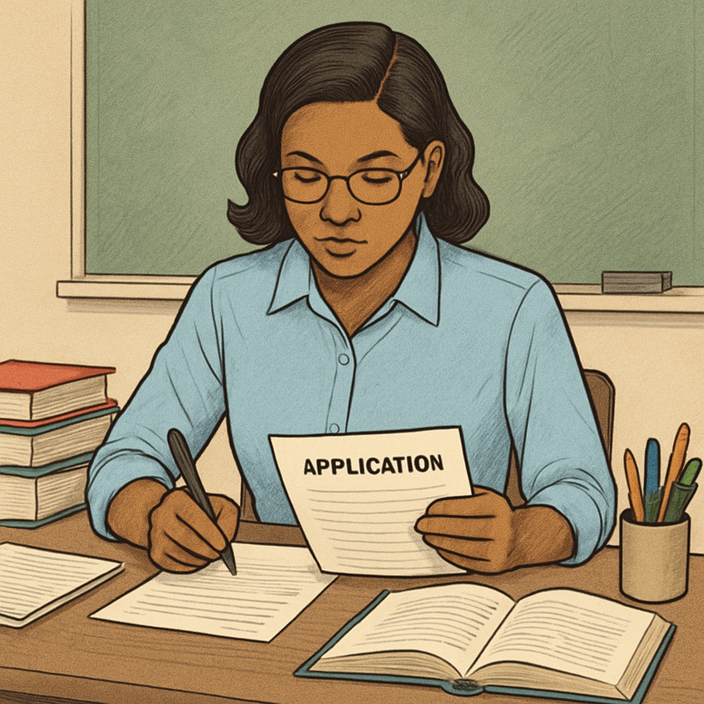 K12 educator reviewing documents for U.S. master's applications.