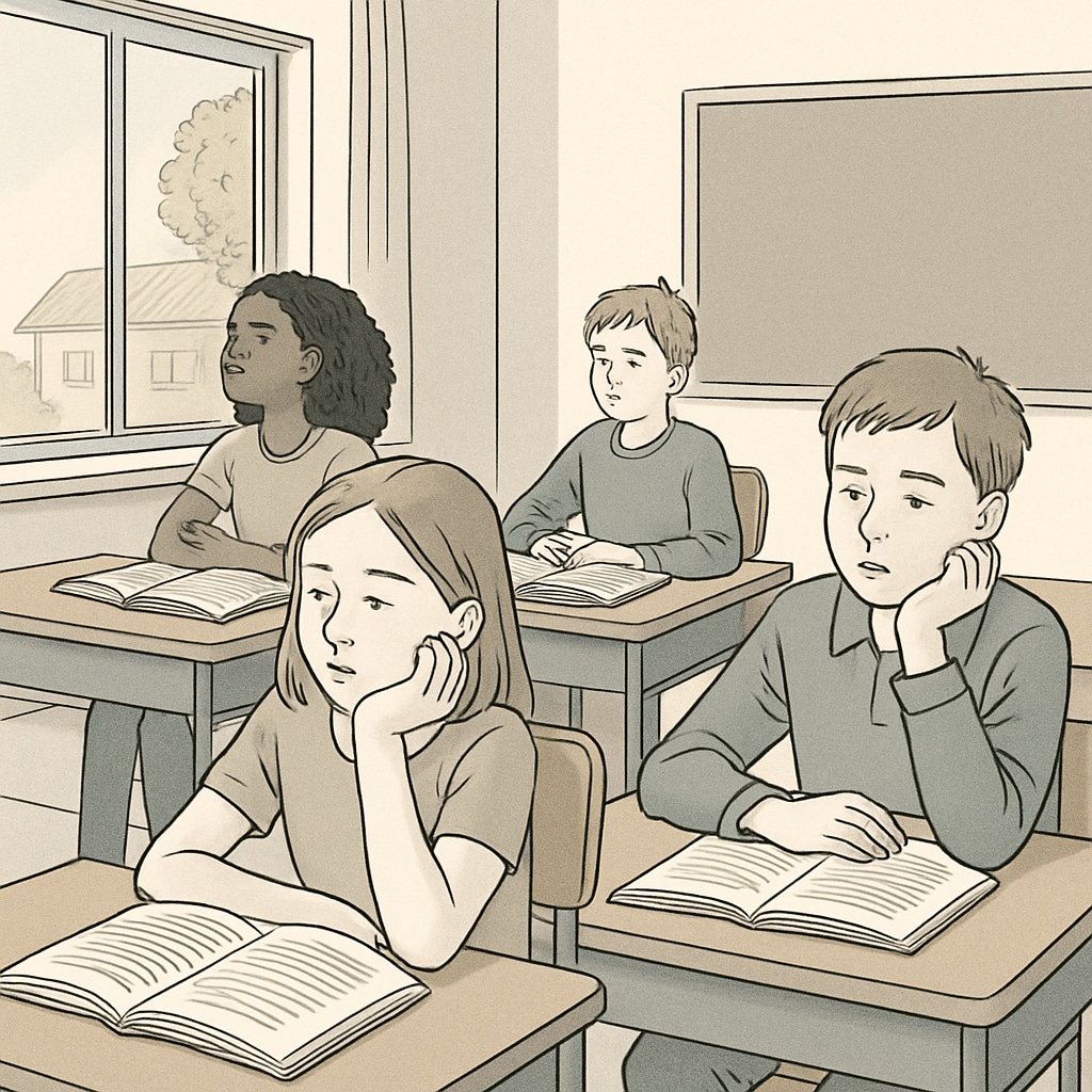 A group of students in a classroom, some appearing disengaged and staring out the window, while others look at their textbooks with little interest. Students appearing disengaged in a classroom, highlighting student boredom in K12 education.
