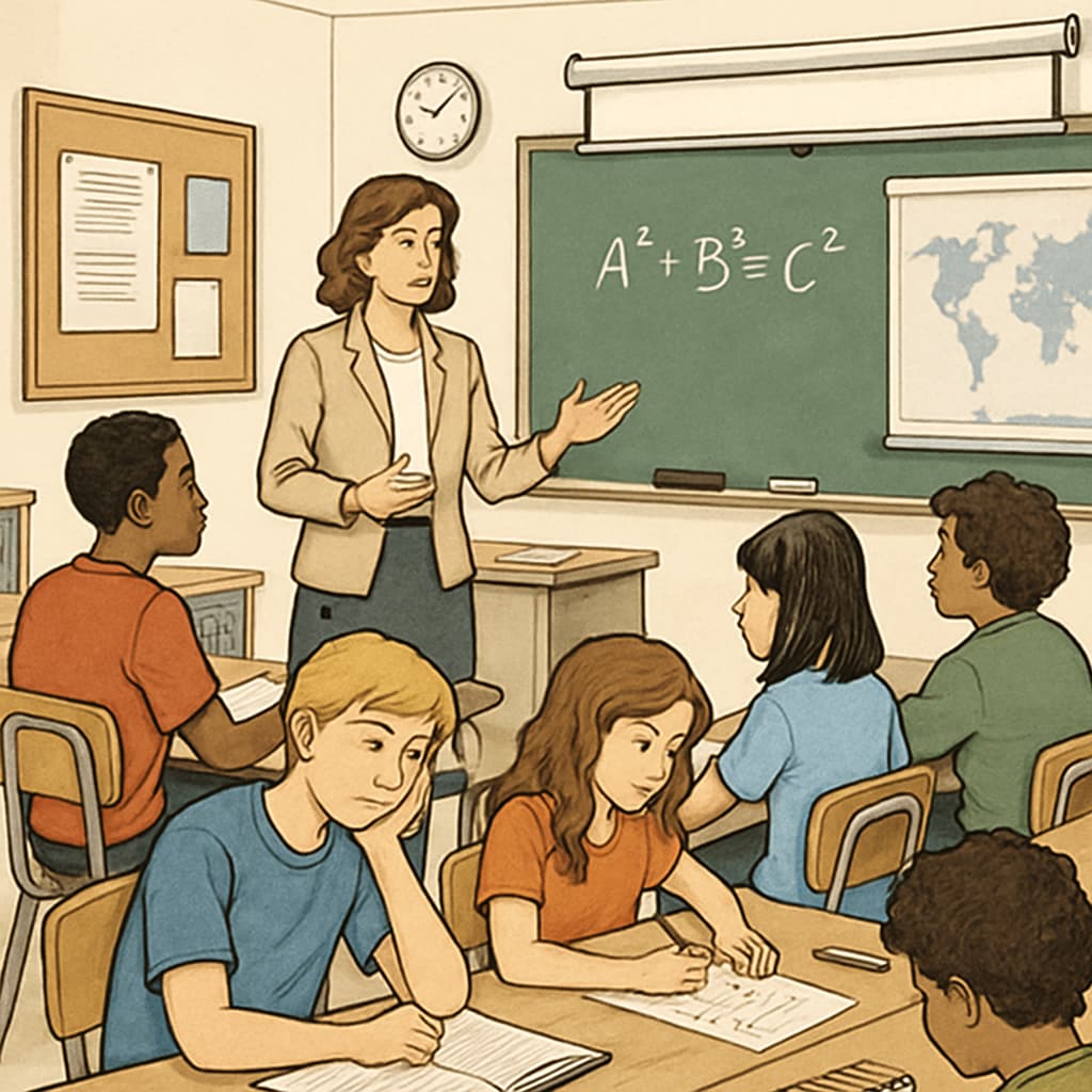 A high school classroom with students slouched at their desks, some doodling on paper while a teacher lectures at the front. High school students showing signs of boredom during a lecture.