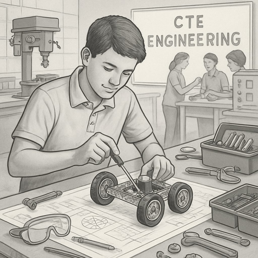 A high school student working on an engineering project as part of a CTE program, emphasizing hands-on learning in a classroom setting. High school student in a CTE engineering program working on a project.