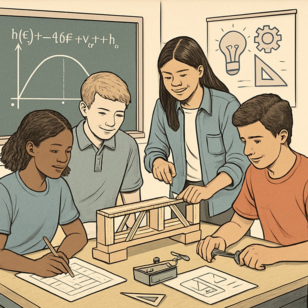 A group of students collaborating on a STEM project that combines physics and design, illustrating the integration of CTE and academic subjects. Students in a classroom working on a STEM project that integrates CTE principles.