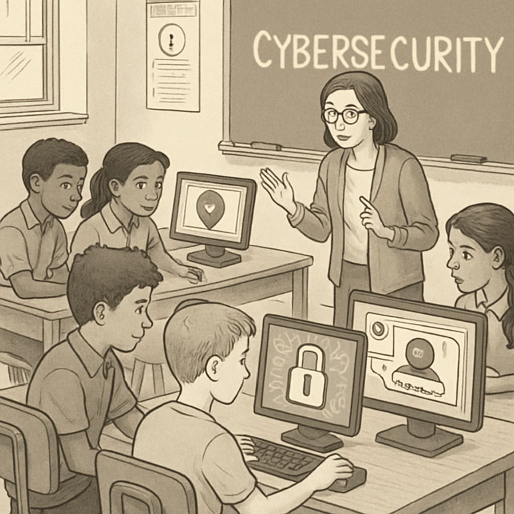 Students in a classroom learning about cybersecurity concepts like password protection and phishing.
