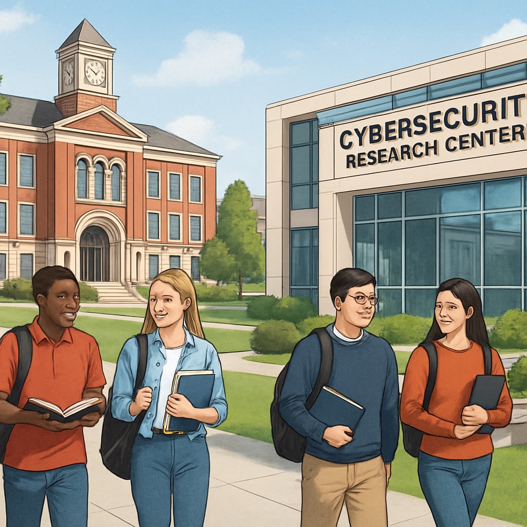University campus with cybersecurity research facilities, emphasizing the role of university reputation in cybersecurity careers.