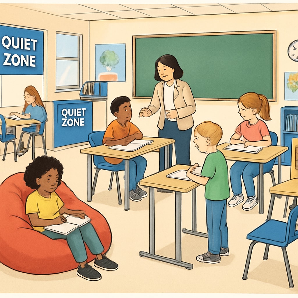 Classroom with ADHD-friendly features like quiet zones and flexible seating.