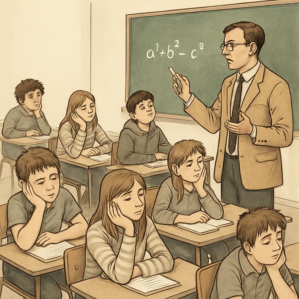 A classroom scene showing disengaged students and a teacher using traditional lecture methods. This image highlights the issue of outdated teaching approaches. Disengaged students in a classroom, emphasizing traditional education methods.