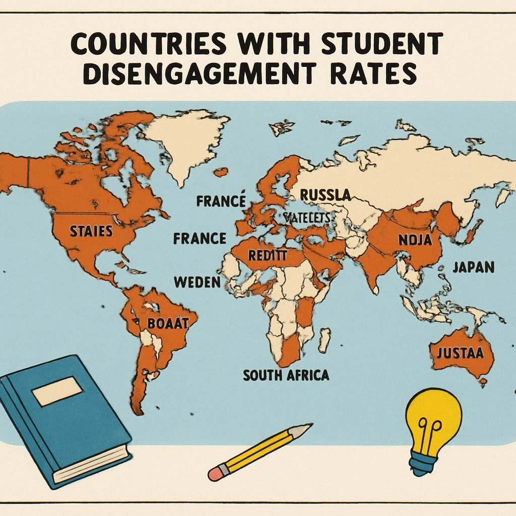 A global map illustrating countries with high student disengagement rates, emphasizing the worldwide nature of the issue. Map showing global student disengagement rates, related to education challenges.