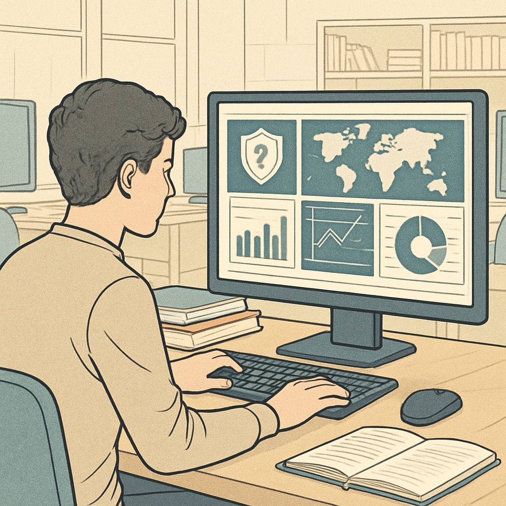 A student analyzing cybersecurity data on a computer screen in a university lab. A student reviewing cybersecurity data, highlighting the role of university programs in skill development.
