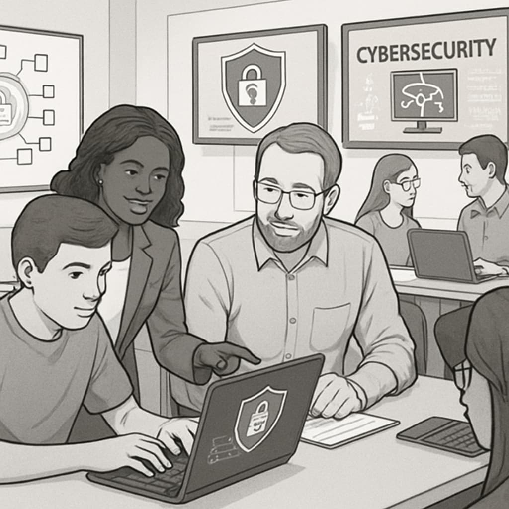 A cybersecurity student participating in a hands-on workshop with industry professionals. Cybersecurity workshop showcasing practical skills development in a university setting.