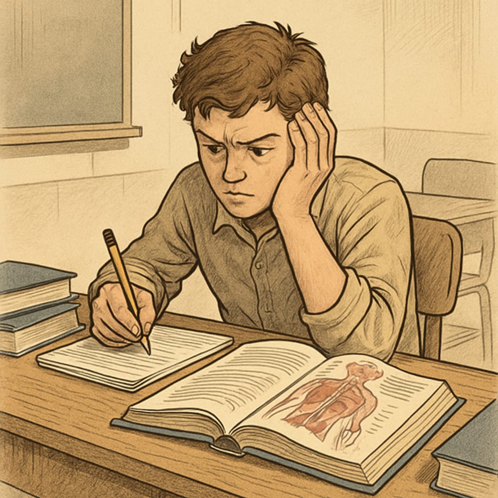 A student with learning materials, symbolizing educational challenges and medical aspirations.