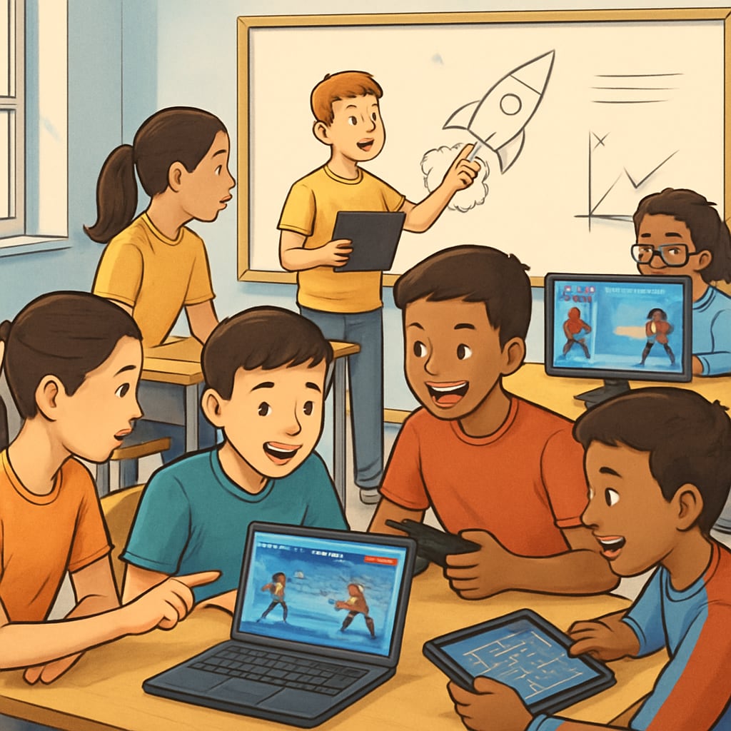 A vibrant classroom setting where students are interacting with esports-based educational tools, showcasing teamwork and problem-solving. Classroom incorporating esports education and gamified learning tools.