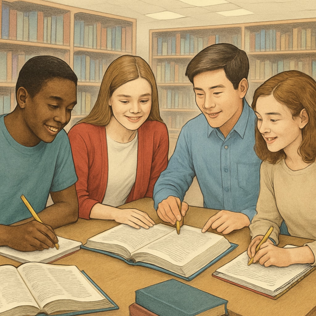 Students studying in a library, representing academic collaboration and CALM course preparation.