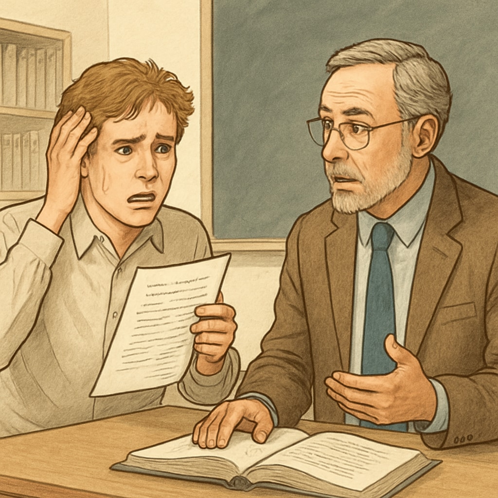 A student discussing plagiarism concerns with a professor in an academic setting.