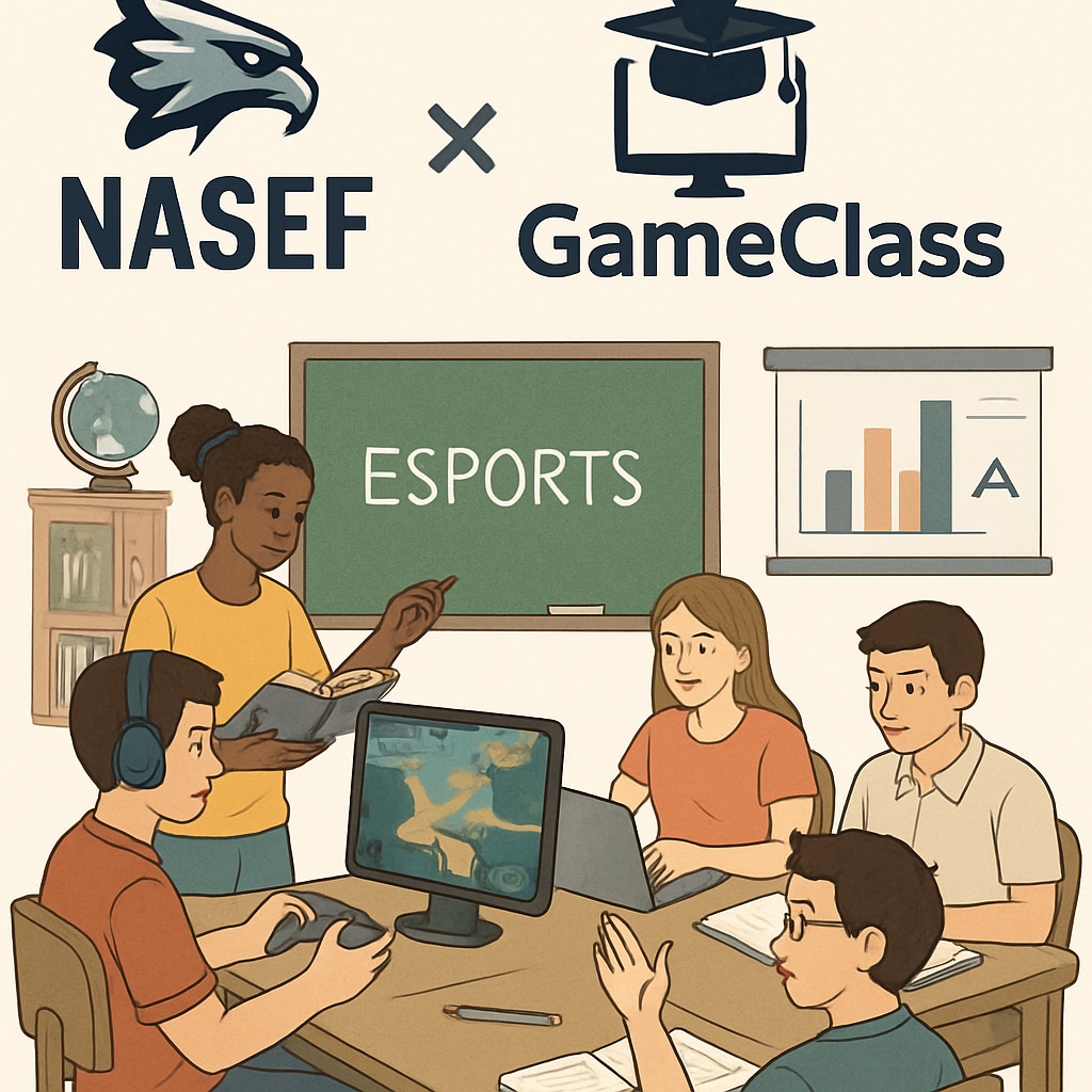 A digital illustration of the NASEF and GameClass collaboration, featuring logos and a visual representation of esports integration in traditional classrooms. Visual representation of NASEF and GameClass partnership in esports education.