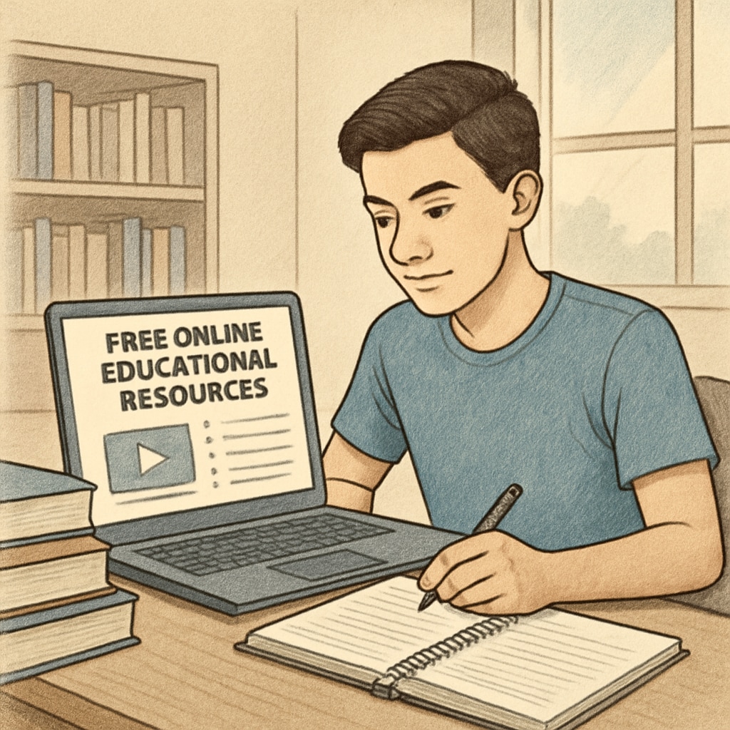 High school student studying online using free educational resources.