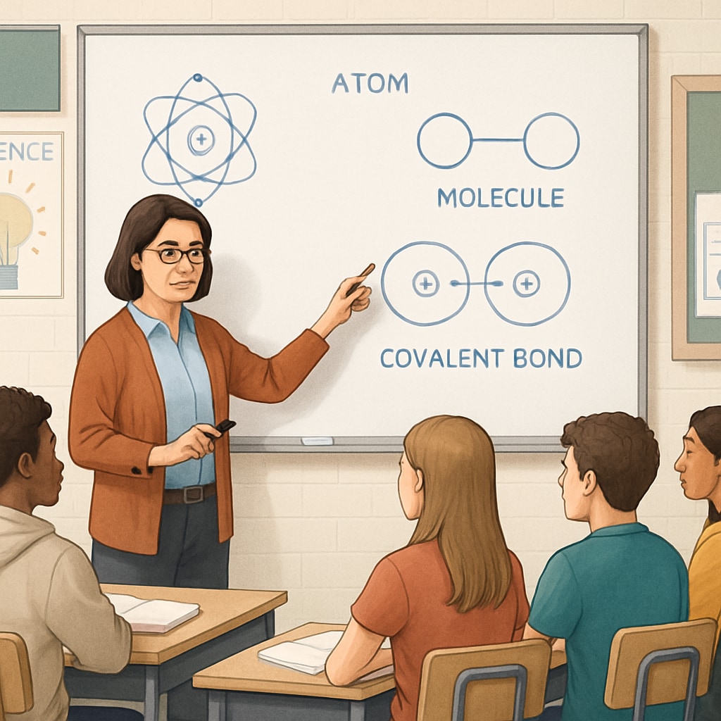High school teacher using visual aids to support English language learners in science education.