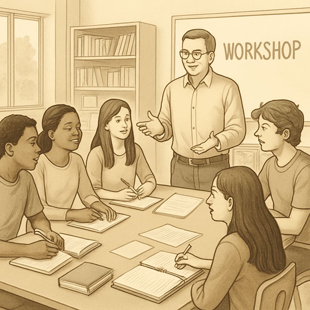 High school students learning at a community workshop.