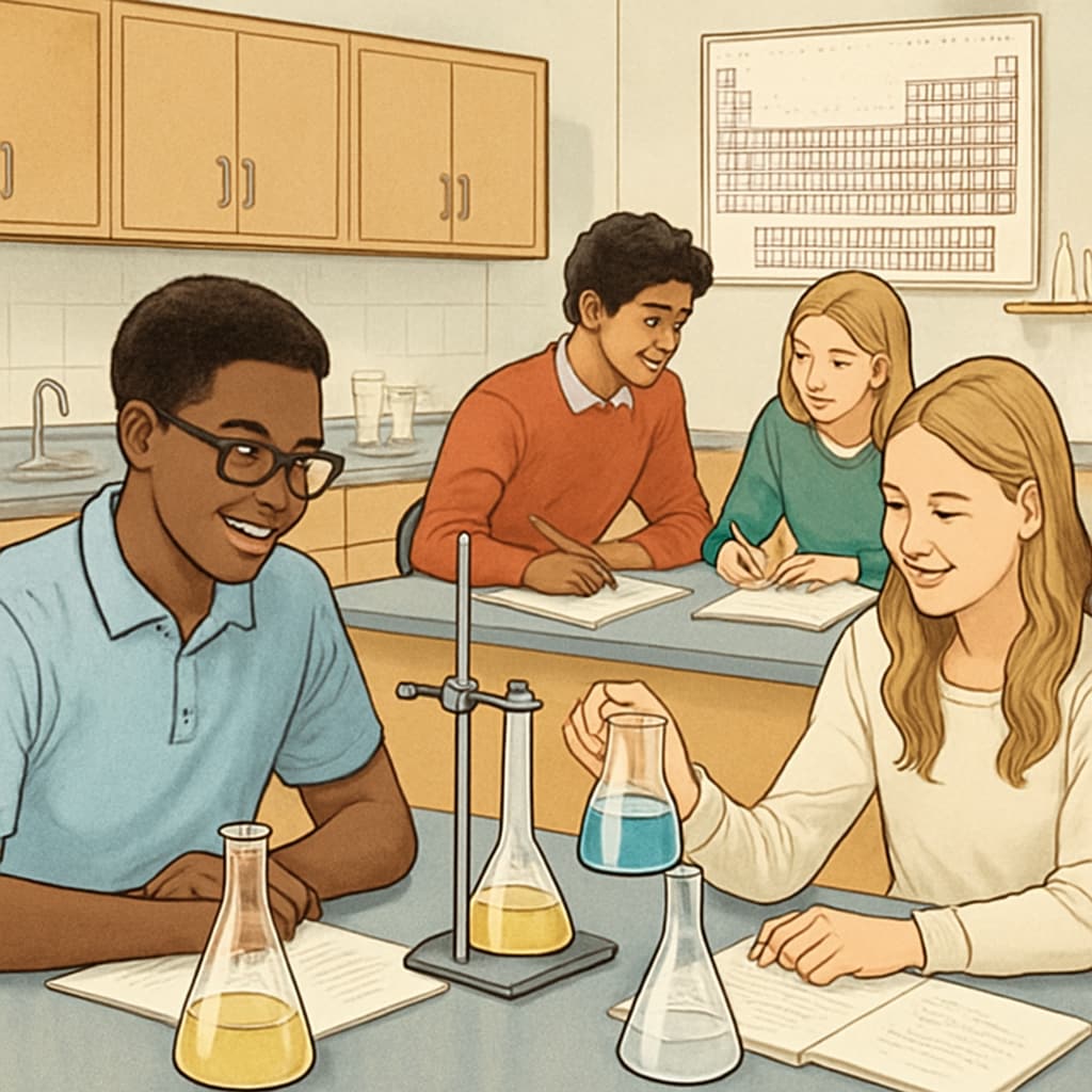 Collaborative learning environment with diverse students conducting science experiments.