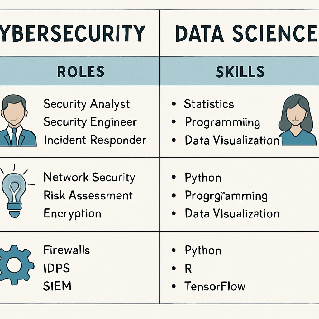 A comparative chart illustrating the key differences between cybersecurity and data science, including roles, skills, and tools. Chart comparing cybersecurity and data science roles and skills for career choices