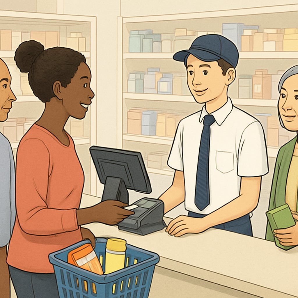 A high school student earning pocket money through part-time work as a cashier.