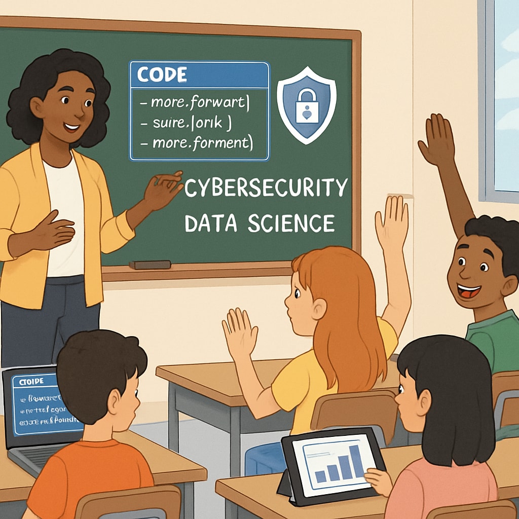 A classroom setting where students are engaged in a coding activity, emphasizing the integration of cybersecurity and data science concepts in K12 education. Students learning coding in a classroom to explore cybersecurity and data science