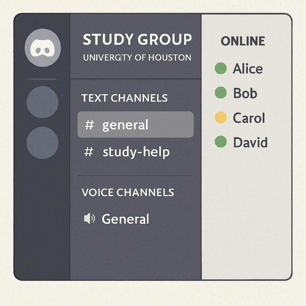 Discord interface showcasing a University of Houston study group channel.