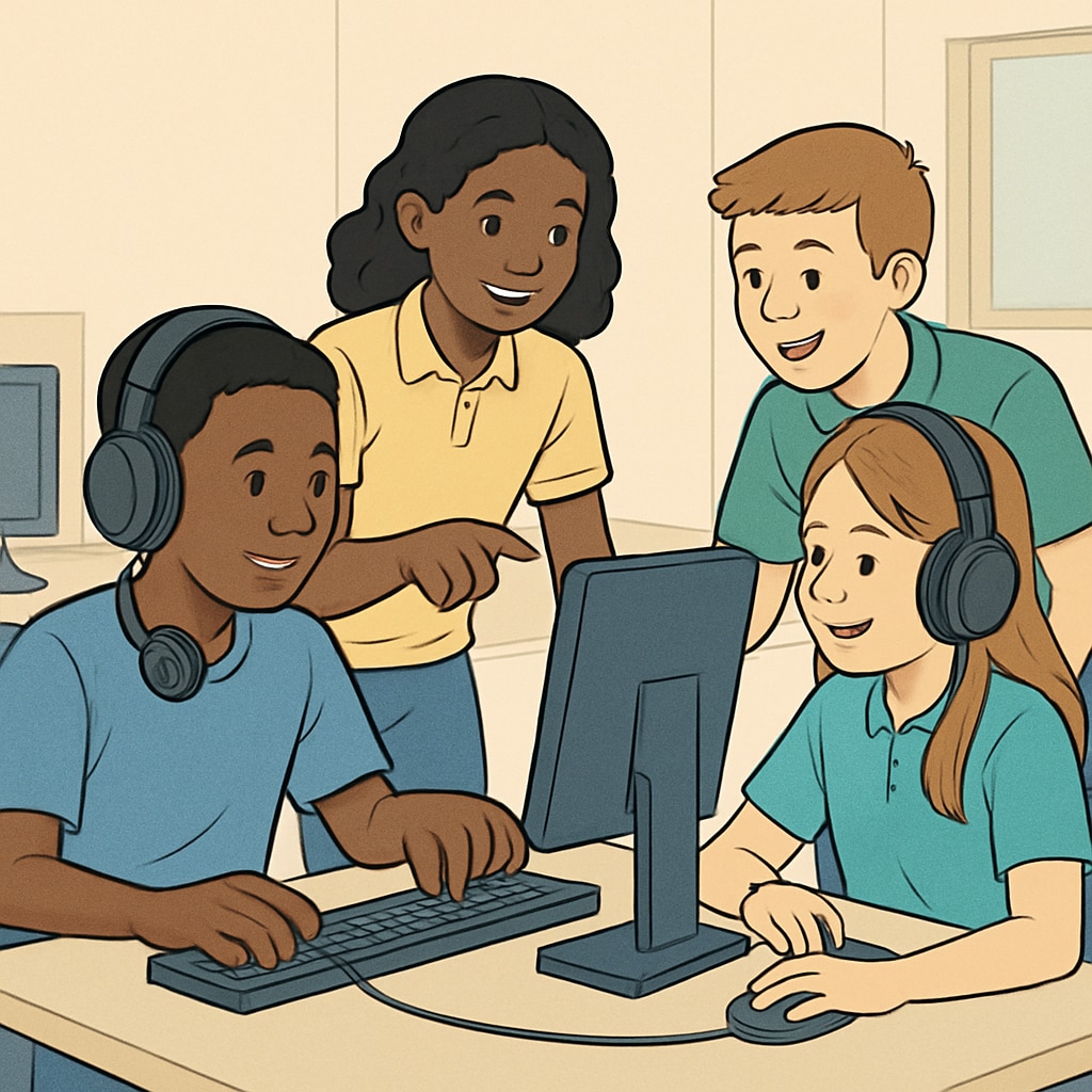 A group of K12 students actively participating in an esports-based learning activity, showcasing teamwork and collaboration. Esports-based learning activity for K12 students, promoting teamwork and collaboration.