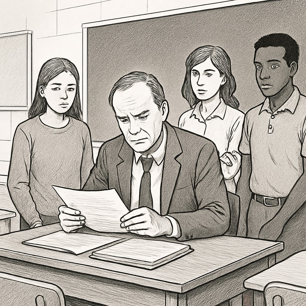 A classroom setting showing a professor reviewing student work with a concerned expression. Professor reviewing student work, discussing plagiarism concerns.