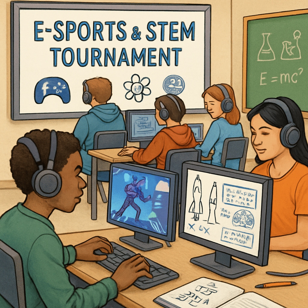 Students participating in an esports tournament that integrates STEM challenges, demonstrating the connection between gaming and education. Esports tournament integrating STEM challenges, connecting gaming with education.