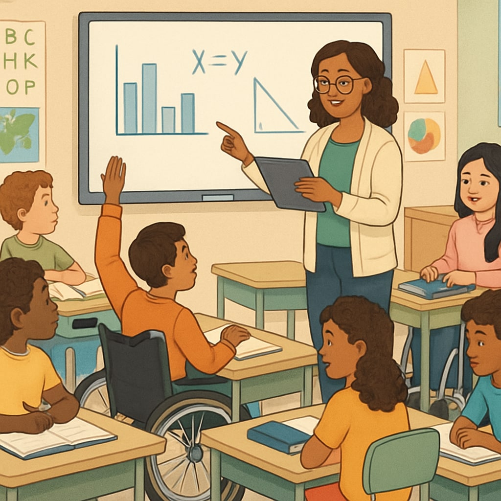 Inclusive classroom with technology supporting learning disabilities.