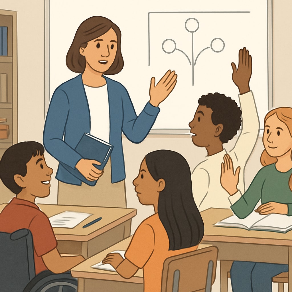 Classroom with diverse students and a teacher promoting inclusivity in education.