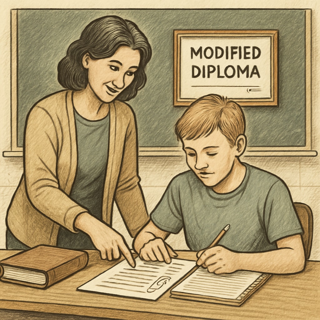 Supportive teacher assisting a student with a modified diploma-related task.
