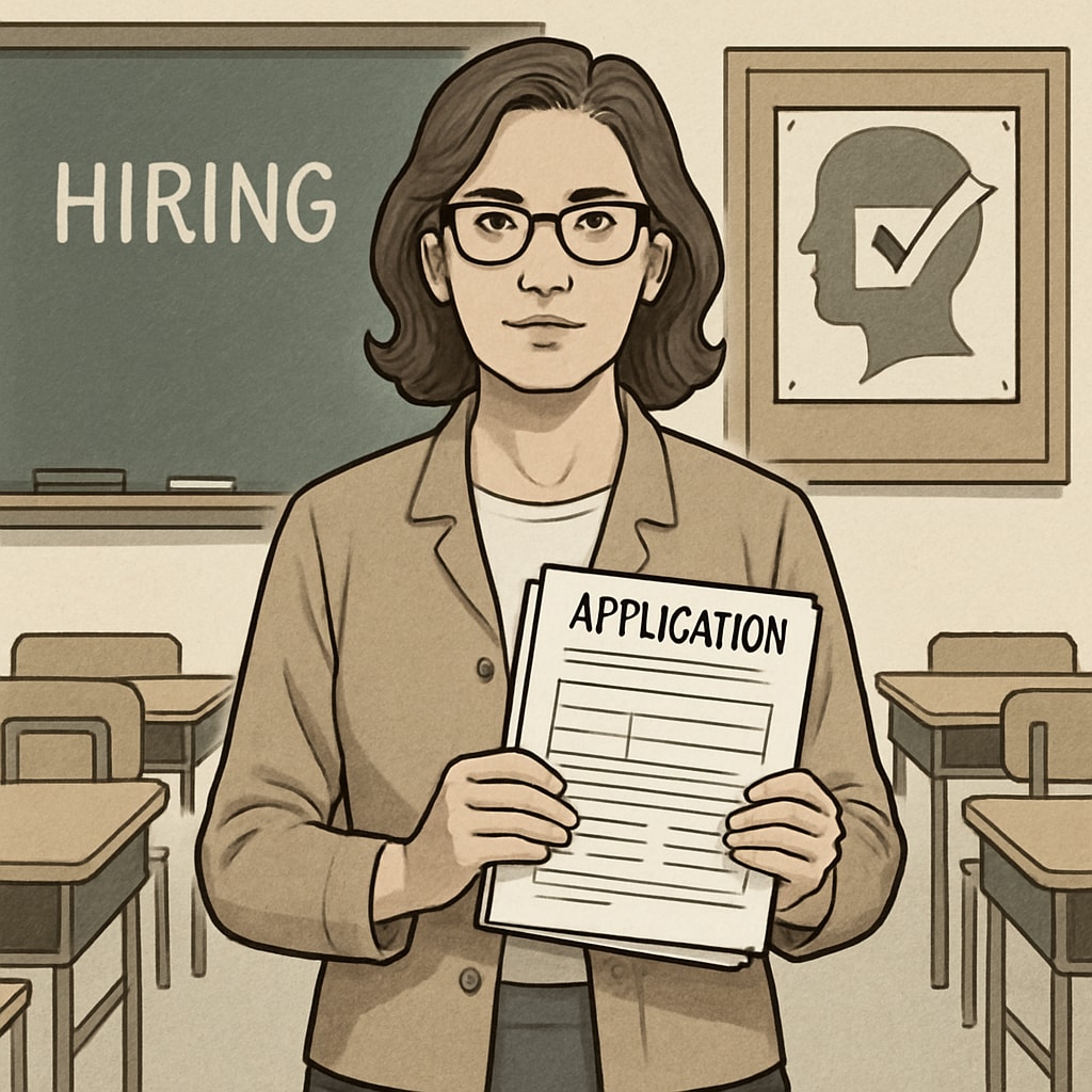 Teacher holding application forms, reflecting hiring challenges tied to political inclination testing.