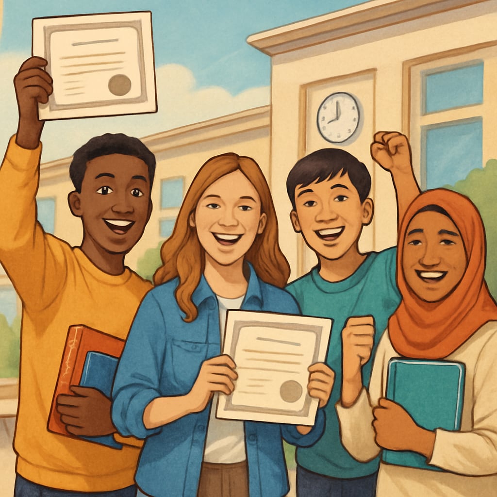Diverse students celebrating educational achievements and future opportunities.
