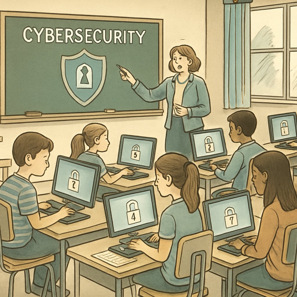 Students learning cybersecurity in a school setting, focusing on safe online practices.