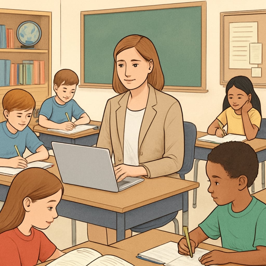 A teacher in a classroom setting, working on a laptop while students are engaged in independent learning. Teacher balancing career and master's degree pursuit in a classroom environment.