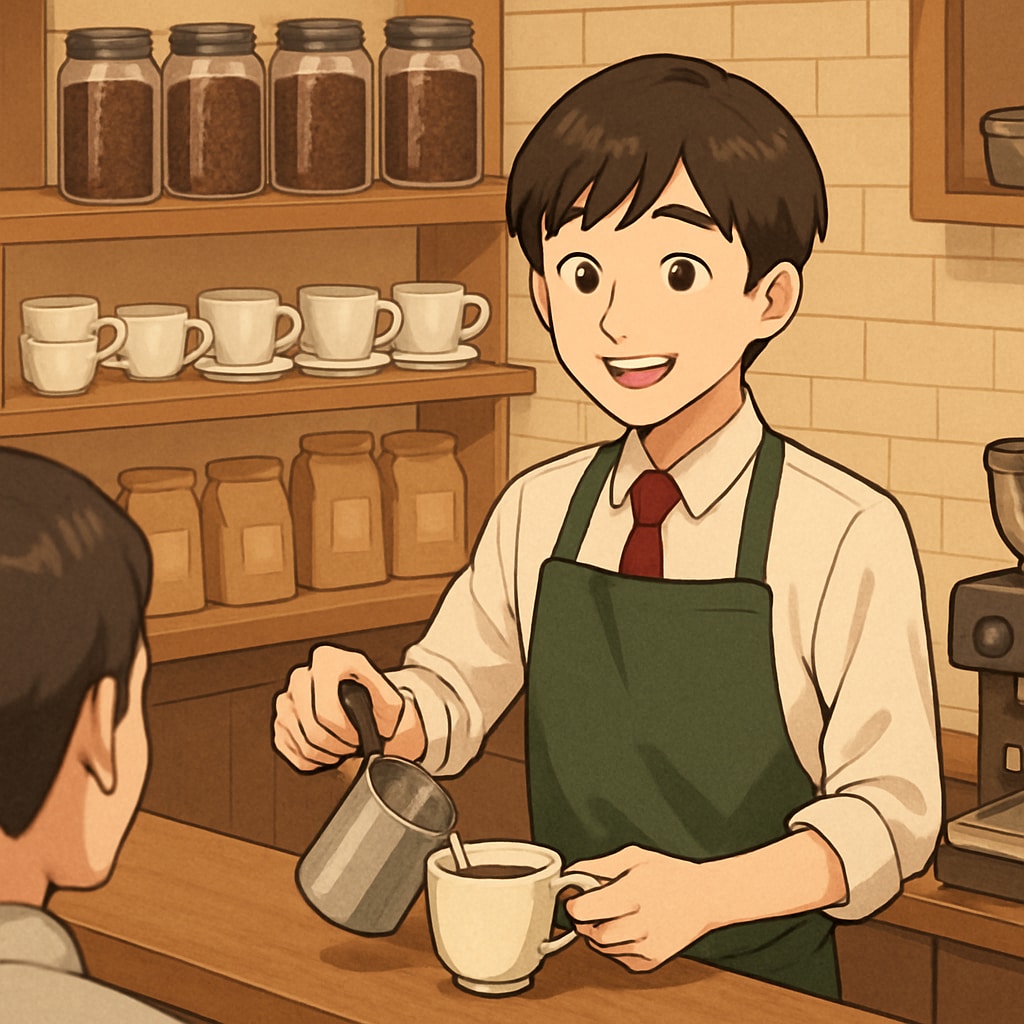 A high school student working part-time in a coffee shop, interacting with customers and gaining practical work experience. High school student working part-time in a coffee shop, learning valuable skills.
