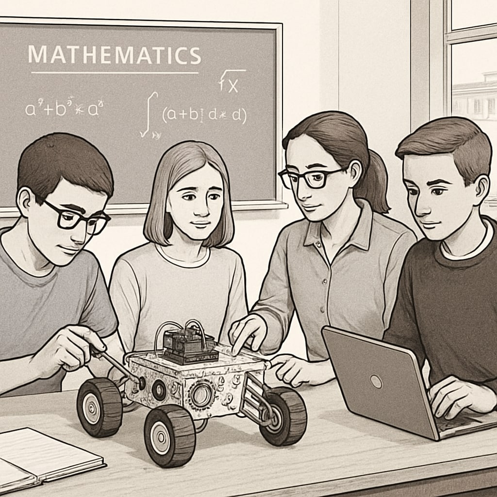 Students in a classroom working on a robotics project, linking education and engineering.