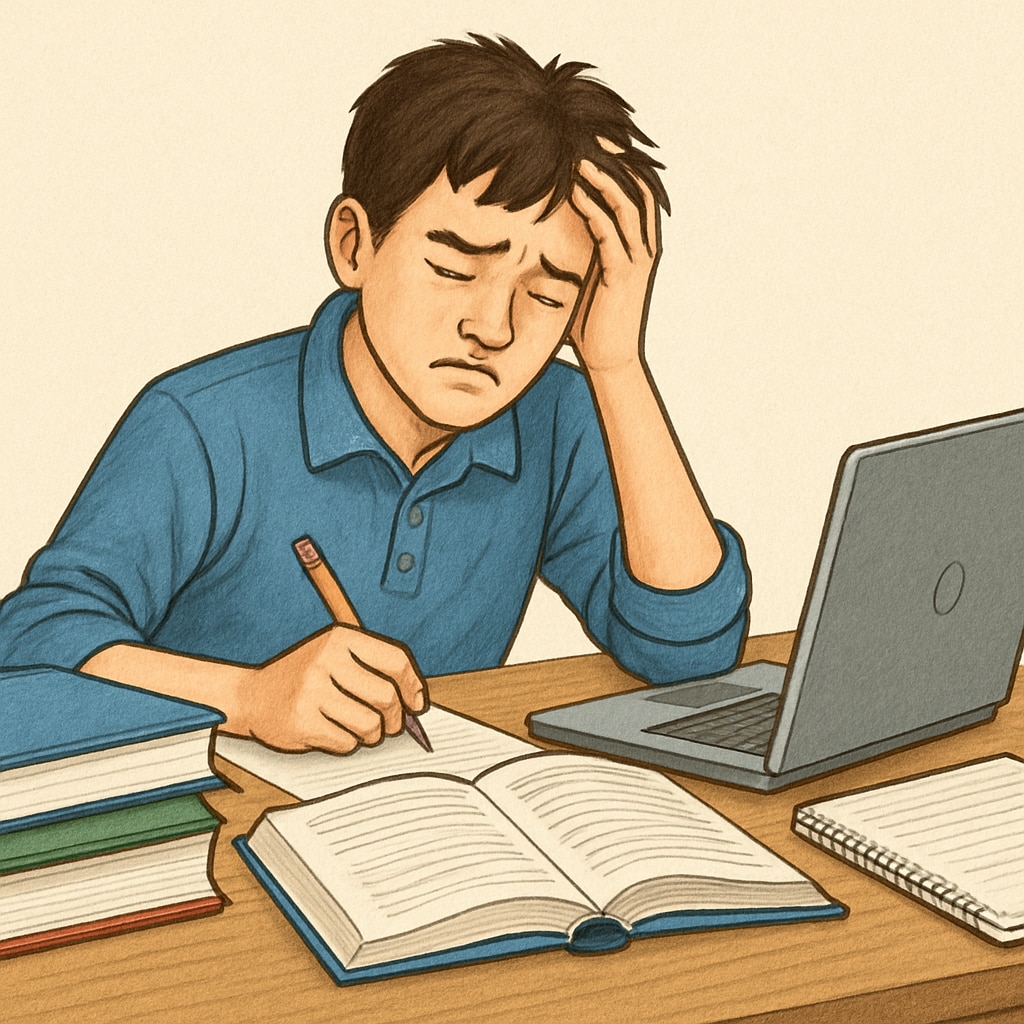 A stressed high school student sitting at a desk with textbooks and a laptop, struggling to manage school assignments and work responsibilities. Stressed high school student managing school and work balance.