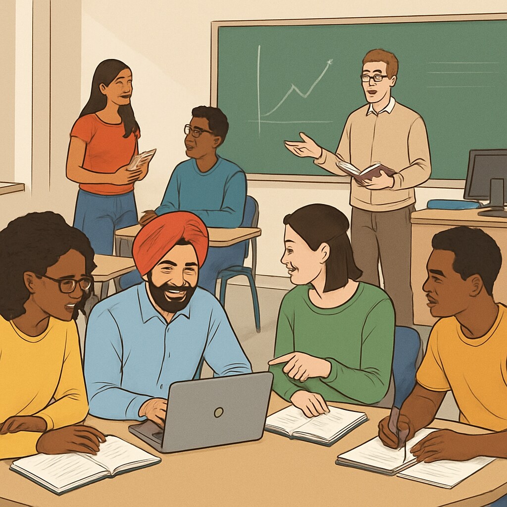 A classroom scene illustrating diversity and modern educational practices in contrast to Ivy League traditions.