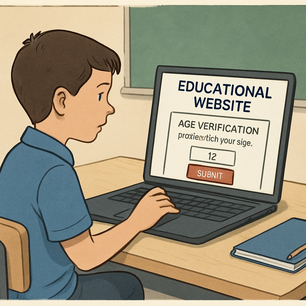 A student attempting to access an educational website but encountering an age verification prompt. The image highlights the potential obstacle created by such laws for K12 students trying to learn online. Age verification prompt blocking student access to educational content