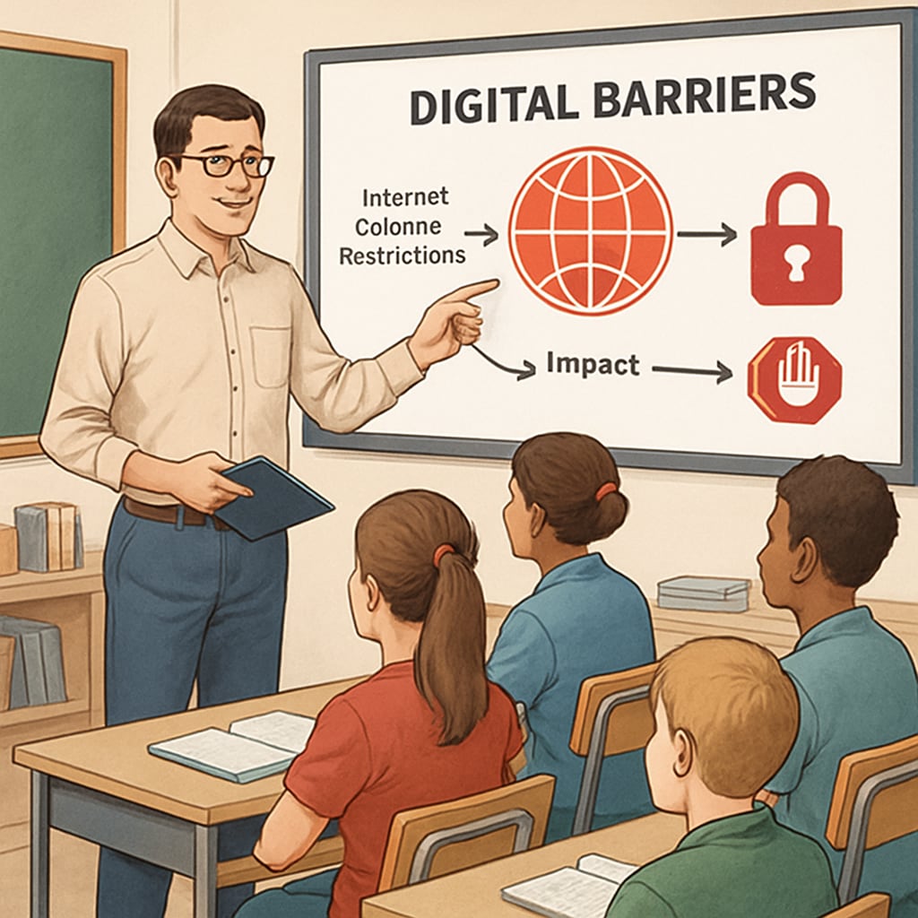 A teacher explaining digital barriers to students in a classroom setting. The image underscores the challenges faced by educators in addressing internet content restrictions. Teacher discussing internet content restrictions with students