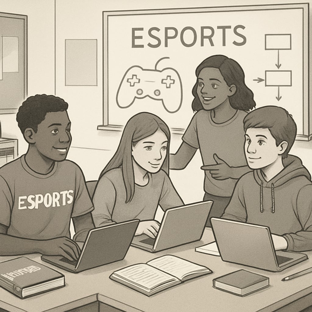 Students engaging in game-based learning through esports in a school environment.
